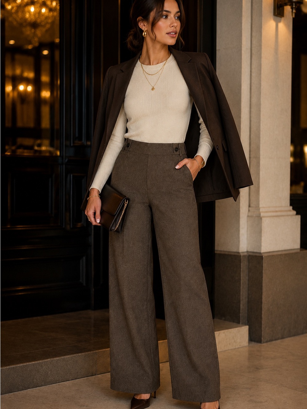 LOFT Brown Jacquard Wide Leg Trousers | Career Chic Dress Pants